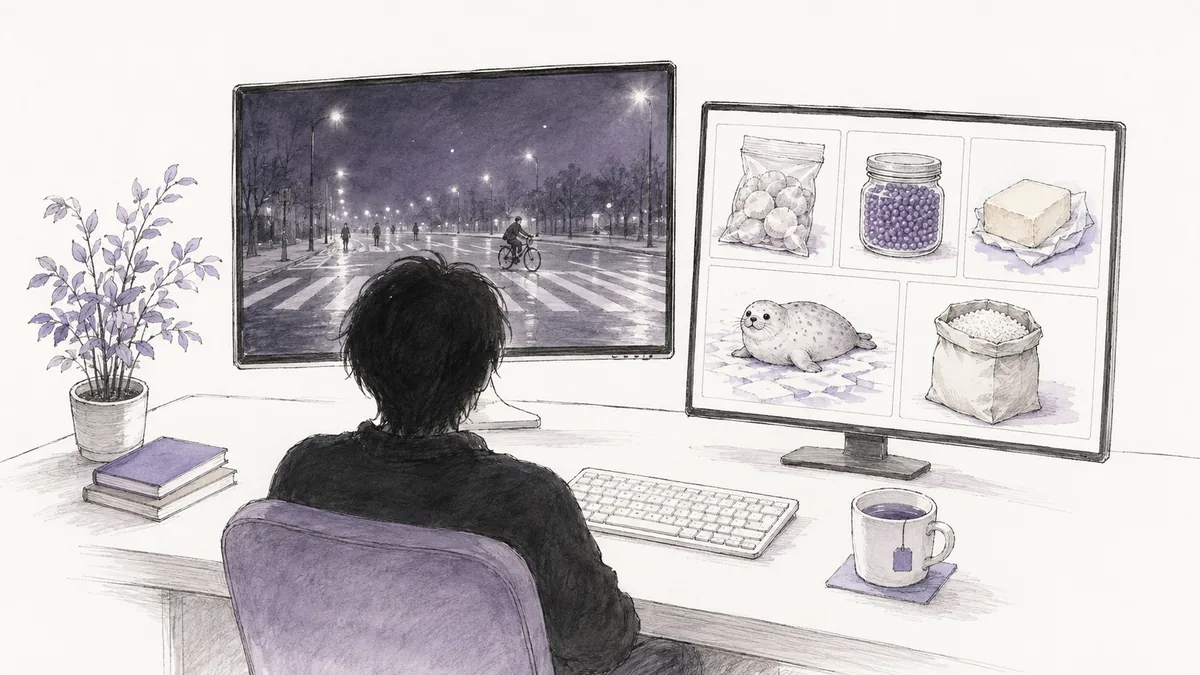 イラスト: 夜の机に2つの画面がある。片方には数人の人影と自転車が見える横断歩道、もう片方には帆立貝、魚卵の瓶、バターのブロック、アザラシ、米袋の小さな絵が並ぶカタログのページが映っている。