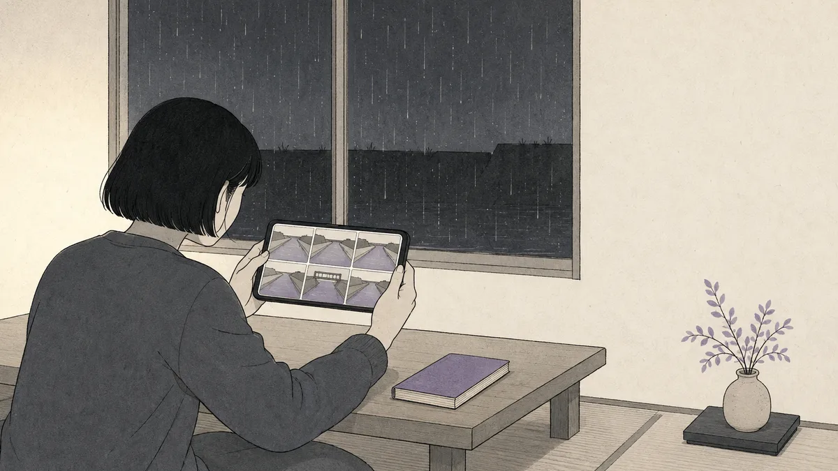 イラスト: 雨の夜、低い机のそばに座った人が両手でタブレットを持ち、画面の中の6つの小さな枠を見ている。どの枠にも、堤防にはさまれた川と、ひとつには小さな橋が、簡単な図として描かれている。窓の外は雨で、遠くに堤防の暗い影が横たわっている。