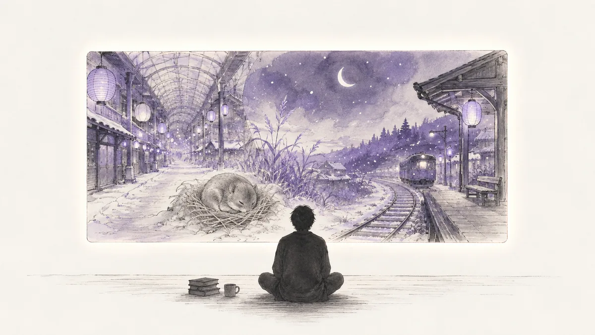 イラスト: 夜、床に座った人が大きな画面を観ている。画面の中では、雪のアーケード商店街、藁の巣で眠る小さな動物、灯りのともる無人駅のホームがひと続きの風景になっている。